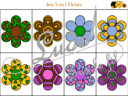 Jeu 3 en 1 fleurs à télécharger et à imprimer - Couleurs et noir et blanc à colorier - Memory - Mistigri - Jeu couleurs aux dés - Printemps - lslf
