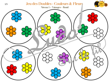 Jeu des doubles - fleurs et couleurs à télécharger et à imprimer - 3 niveaux (3 4 5 images) - Rond et Carré - Printemps - lslf