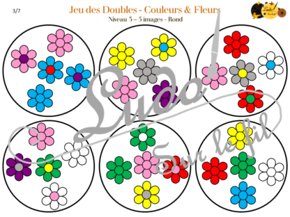 Jeu des doubles - fleurs et couleurs à télécharger et à imprimer - 3 niveaux (3 4 5 images) - Rond et Carré - Printemps - lslf