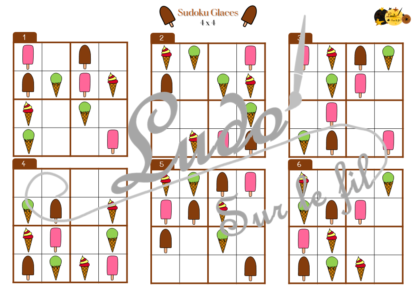 Jeu de sudoku à manipuler - Glaces et été - 30 niveaux 4x4 très faciles - 30 6x6 faciles - 40 9x9 difficiles - débutants et confirmés - logique - à télécharger et à imprimer - lslf