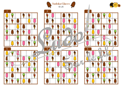 Jeu de sudoku à manipuler - Glaces et été - 30 niveaux 4x4 très faciles - 30 6x6 faciles - 40 9x9 difficiles - débutants et confirmés - logique - à télécharger et à imprimer - lslf