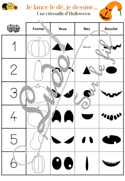 Je lance le dé, je dessine - Kit Halloween - citrouille, bonbon, monstre, fantome, araignee, manoir, toile, chauve-souris, chapeau sorcière - dessin et graphisme - constellations dé et chiffre - à télécharger - à imprimer - lslf