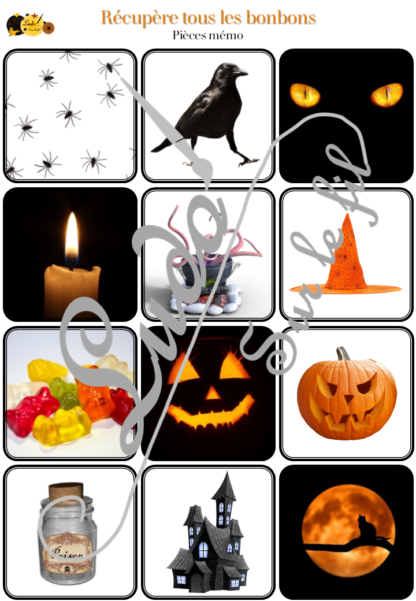 Récupère tous les bonbons - jeu de mémoire sur le thème d'Halloween - Rappelle-toi de l'emplacement des cartes et récupère les bonbons de tes adversaires - 2 à 4 joueurs - Variante du memor - Chasse aux bonbons - à télécharger et à imprimer - lslf