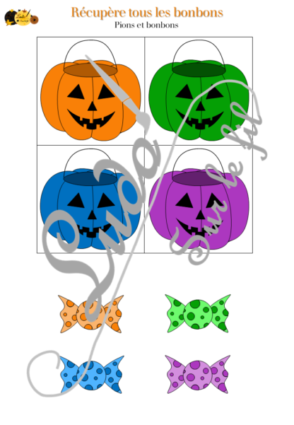 Récupère tous les bonbons - jeu de mémoire sur le thème d'Halloween - Rappelle-toi de l'emplacement des cartes et récupère les bonbons de tes adversaires - 2 à 4 joueurs - Variante du memor - Chasse aux bonbons - à télécharger et à imprimer - lslf