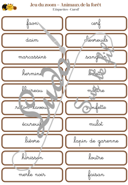 Jeu du zoom - Animaux de la forêt et des campagnes - Cartes classifiées à associer aux détails - Loupe - Etiquettes noms pour alternative ludique aux cartes de nomenclature - Autocorrection au dos avec symboles, noms - document PDF à télécharger et à imprimer ou jeu imprimé - atelier autonome maternelle - vocabulaire et connaissances - lecture mots - discrimination visuelle - Thème automne, animaux, oiseaux, insectes - lslf