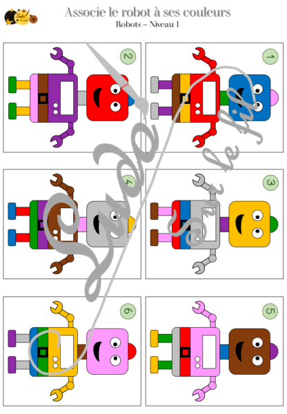 Les petits robots multicolores. 2 jeux : jeu association de couleurs - Succession de couleurs et jeu de reconstitution de robots - observation et logique - différents niveaux - difficulté progressive - vocabulaire - jeu atelier autonome maternelle - a imprimer à télécharger - lslf