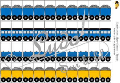 Jeu d'association de couleurs et jeu d'algorithmes sur le thème des trains - Locomotives et wagons - 72 défis de difficultés progressives - algorithmes à compléter - Atelier maternelle et cycle 2 (cp) - Véhicules terrestres - IEF - à télécharger et imprimer - lslf