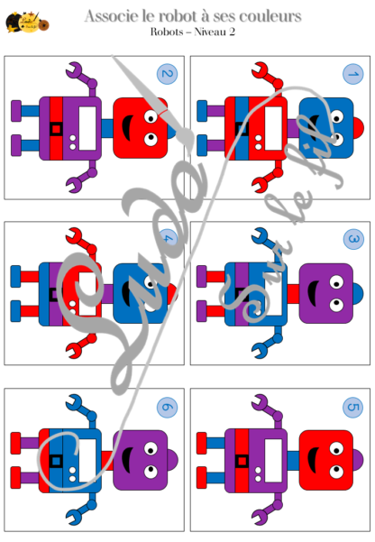 Les petits robots multicolores. 2 jeux : jeu association de couleurs - Succession de couleurs et jeu de reconstitution de robots - observation et logique - différents niveaux - difficulté progressive - vocabulaire - jeu atelier autonome maternelle - a imprimer à télécharger - lslf