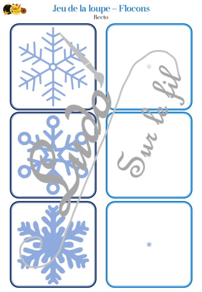 Jeu de la loupe - Hiver - Flocons de neige - cartes à associer aux miniatures avec une loupe - apprentissage utilisation loupe - à télécharger et à imprimer - atelier autocorrectif maternelle - lslf