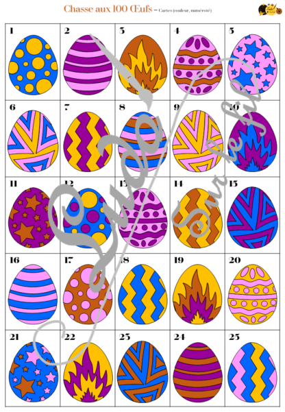 Chasse aux 100 œufs de Pâques - Jeu à télécharger et à imprimer - Couleurs et noir et blanc à colorier - chasse géante intérieure - Oeufs en chocolat - Paques - Printemps - Observation, discrimination visuelle, patience - recherche - lslf