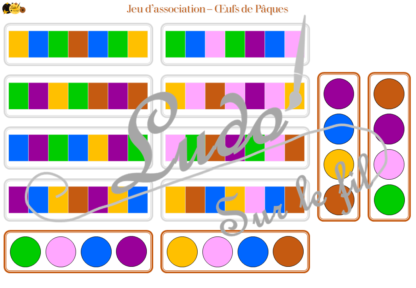Multi-jeux d'association - oeufs de pâques décorés - 8 œufs à associer à leur succession de couleurs, aux couleurs présentes à leur succession de motifs - 2 niveaux progressifs - combinables - à télécharger et à imprimer - Printemps - Discrimination visuelle - observation - atelier autocorrectif Maternelle - lslf