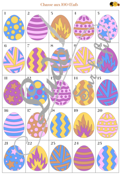 Chasse aux 100 œufs de Pâques - Jeu à télécharger et à imprimer - Couleurs et noir et blanc à colorier - chasse géante intérieure - Oeufs en chocolat - Paques - Printemps - Observation, discrimination visuelle, patience - recherche - lslf