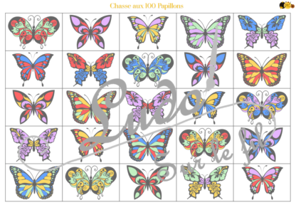 Chasse aux 100 papillons - Jeu à télécharger et à imprimer - Couleurs et noir et blanc à colorier - chasse géante intérieure - Insectes et printemps - Observation, discrimination visuelle, patience - recherche - lslf