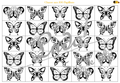 Chasse aux 100 papillons - Jeu à télécharger et à imprimer - Couleurs et noir et blanc à colorier - chasse géante intérieure - Insectes et printemps - Observation, discrimination visuelle, patience - recherche - lslf