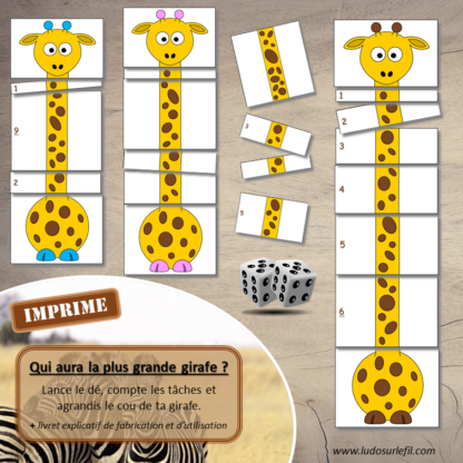 Jeu Qui aura la plus grande girafe - Animaux de la savane - Jeu de dés, de mathématiques et de dénombrement de 1 à 12 - Notions de mesures et longueurs - Suite numérique et représentations des chiffres - Atelier maternelle imprimé - cycle 1 - additions et calcul - lslf