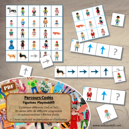 Suis le parcours codé - Figurines Playmobil - animaux et bonhommes - codage, repérage et vocabulaire spatial - jeu et atelier autonome et autocorrectif Maternelle (Cycle 1) et Primaire (Cycle 2) - PDF à télécharger et à imprimer ou jeu imprimé - difficulté progressive et solutions - lslf