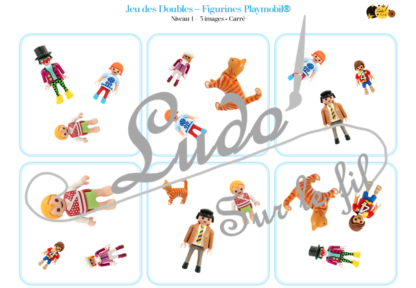 Jeu des doubles - figurines Playmobil à télécharger et à imprimer - Vêtements, corps humain, membres famille, couleurs, animaux - 5 niveaux progressifs (3 4 5 6 ou 8 images) - Dobble - jeu pour travailler la discrimination visuelle, la rapidité l'observation et le lexique / vocabulaire - lslf