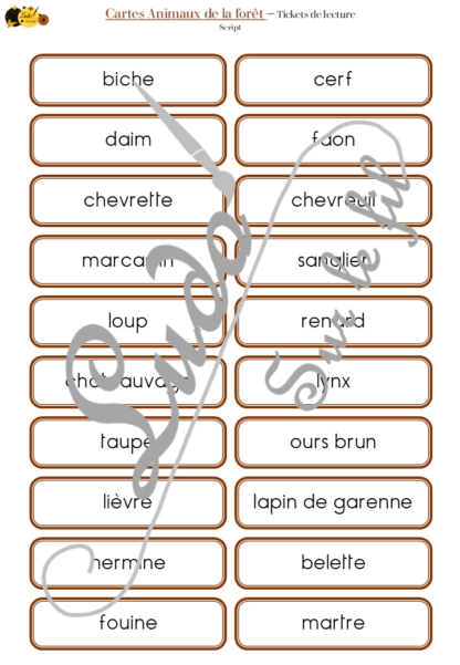 Jeu de cartes type Montessori (classifiées et de nomenclature) - Animaux de la forêt et des campagnes - Mammifères, oiseaux, reptiles, insectes... - Europe - Photos sur fond blanc - Autocorrection au dos (noms pour lecteurs, symboles pour non lecteur) - 3 graphies disponibles - Script, majuscule, cursif - Document PDF à télécharger et imprimer ou jeu imprimé - Automne - 72 cartes - Tickets de lecture - atelier autocorrectif maternelle élémentaire - Cycle 1 ou 2 - discrimination visuelle, observation, culture générale, lecture de mots, langage oral, lexique- lslf