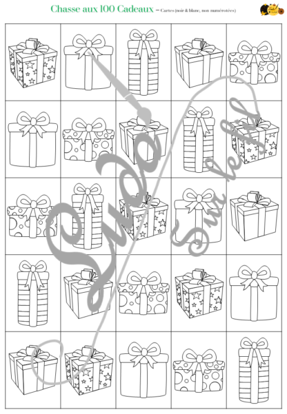 Chasse aux 100 cadeaux - Jeu à télécharger et à imprimer - Couleurs et noir et blanc à colorier - chasse géante intérieure ou extérieure - Parfait pour Noël et anniversaire - Observation, discrimination visuelle, patience, connaissance des chiffres de 1 à 100 - recherche - couleurs - Format PDF - lslf