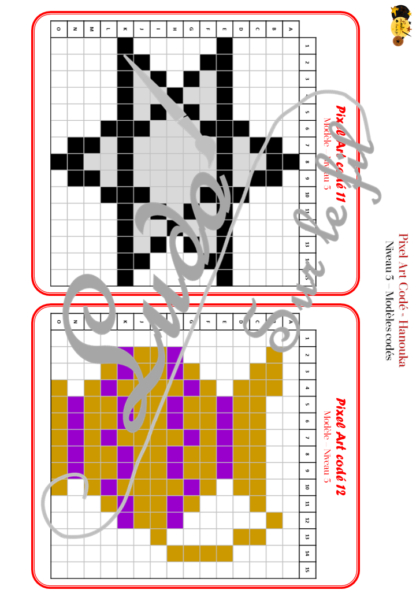 Pixel Art Codés et classiques - Thème Hanouka - Fête des lumières - Colorie le pixel art en fonction du modèle ou des indications - Repérage dans une grille, un tableau, un quadrillage - Codé par lettres et chiffres - Connaissance des couleurs - Repérage spatial - Patience - 4 niveaux - modèle, grille vierge - Hanoukka, Hanouccah - cycle 2, 3 ou plus - jeu PDF à télécharger et à imprimer ou jeu imprimé - lslf