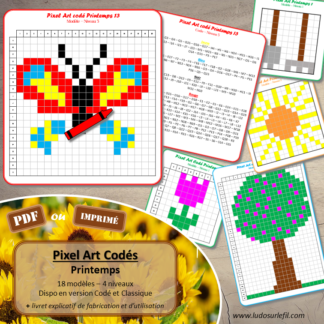 Pixel Art Codés et classiques - Thème Printemps - Fleurs, arbre, insectes, météo, jardinage - Colorie le pixel art en fonction du modèle ou des indications - Repérage dans une grille, un tableau, un quadrillage - Codé par lettres et chiffres - Connaissance des couleurs - Repérage spatial - Patience - 4 niveaux - modèle, grille vierge - cycle 2, 3 ou plus - jeu PDF à télécharger et à imprimer ou jeu imprimé - lslf