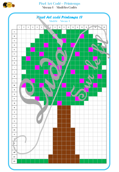 Pixel Art Codés et classiques - Thème Printemps - Fleurs, arbre, insectes, météo, jardinage - Colorie le pixel art en fonction du modèle ou des indications - Repérage dans une grille, un tableau, un quadrillage - Codé par lettres et chiffres - Connaissance des couleurs - Repérage spatial - Patience - 4 niveaux - modèle, grille vierge - cycle 2, 3 ou plus - jeu PDF à télécharger et à imprimer ou jeu imprimé - lslf