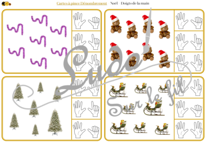 Jeu de cartes à pince de dénombrement de 1 à 15 - Thème Noël et fêtes de fin d'année - 30 cartes autocorrectives avec différentes représentations des nombres - constellations du dé, chiffres, doigts de la main, mélangé - compter de 1 à 15 - 120 cartes réparties en 4 niveaux de difficulté - progressif - Autocorrection au dos - Atelier autonome maternelle ou élémentaire - Cycles 1 et 2 - Document PDF à télécharger et imprimer ou jeu imprimé - Motricité fine et pince Pouce-Index avec pinces à linge - ludique - lslf