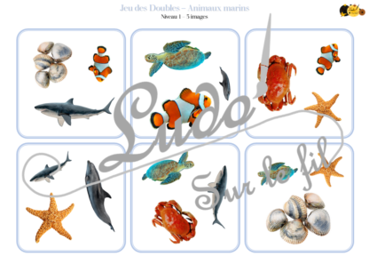 Jeu des doubles - animaux marins - poissons, crustacés, mammifères, coquillages, requins, algues etc... - Mer et océans - 5 niveaux progressifs (3 4 5 6 ou 8 images) - Eté - Dobble - jeu pour travailler la discrimination visuelle, la rapidité l'observation et le lexique / vocabulaire autour des animaux - Document PDF à télécharger et à imprimer ou jeu imprimé - lslf