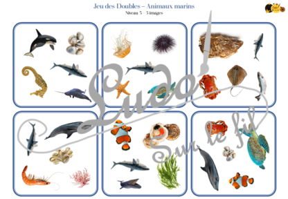 Jeu des doubles - animaux marins - poissons, crustacés, mammifères, coquillages, requins, algues etc... - Mer et océans - 5 niveaux progressifs (3 4 5 6 ou 8 images) - Eté - Dobble - jeu pour travailler la discrimination visuelle, la rapidité l'observation et le lexique / vocabulaire autour des animaux - Document PDF à télécharger et à imprimer ou jeu imprimé - lslf