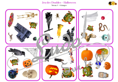 Jeu des doubles - Halloween - Déguisement, bonbons, citrouilles, animaux effrayants... - fête de la peur - 5 niveaux progressifs (3 4 5 6 ou 8 images) - Dobble - jeu pour travailler la discrimination visuelle, la rapidité l'observation et le lexique / vocabulaire autour d'Halloween - Document PDF à télécharger et à imprimer ou jeu imprimé - lslf