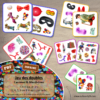 Jeu des doubles - Carnaval et Mardi-Gras - Masques, clowns, ballons, costumes, décorations, gourmandises... - 5 niveaux progressifs (3 4 5 6 ou 8 images) - Dobble - jeu pour travailler la discrimination visuelle, la rapidité l'observation et le lexique / vocabulaire autour du carnaval et de Mardi-Gras - Document PDF à télécharger et à imprimer ou jeu imprimé - lslf