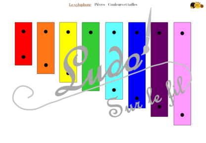 Le xylophone - Remets les lames au bon endroit en fonction de leur couleur et leur taille - Puzzle sur le thème de la musique - Différents niveaux - Association de couleurs et rangement par taille - Thème Instruments de musique - Fête de la musique - Jeu PDF gratuit à télécharger et à imprimer - atelier maternelle autocorrectif et autonome - lslf