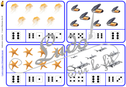 Jeu de cartes à pince de dénombrement de 1 à 15 - Thème Animaux marins - 30 cartes autocorrectives avec différentes représentations des nombres - constellations du dé, chiffres, doigts de la main, mélangé - compter de 1 à 15 - 120 cartes réparties en 4 niveaux de difficulté - progressif - Autocorrection au dos - Atelier autonome maternelle ou élémentaire - Cycles 1 et 2 - Document PDF à télécharger et imprimer ou jeu imprimé - Motricité fine et pince Pouce-Index avec pinces à linge - ludique - Thème été, mer et océan - lslf