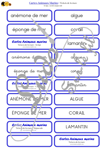 Jeu de cartes type Montessori (classifiées et de nomenclature) - Animaux marins - Océans, mer et été - connus et moins connus - Poissons, mammifères, crustacés, coquillages - Photos réelles avec fond - Autocorrection au dos (noms pour lecteurs, symboles pour non lecteurs) - 3 graphies disponibles - Script, majuscule, cursif - Document PDF à télécharger et imprimer ou jeu imprimé - Classification - 64 cartes - Tickets de lecture - atelier autocorrectif maternelle élémentaire - Cycle 1 ou 2 - discrimination visuelle, observation, culture générale, lecture de mots, langage oral, lexique - lslf