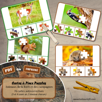 Jeu de cartes à pince - Puzzles - Thème Animaux de la forêt et des campagnes - 76 cartes autocorrectives de différents niveaux - 3 ou 4 propositions de réponses - Niveau 1 : pièces issues de puzzles différents - Niveau 2 : pièces issues du même puzzle - différents niveaux de difficulté - progressif - Autocorrection au dos : point grisé + nom de l'animal - Atelier autonome pré-scolaire, maternelle ou élémentaire - Cycles 1 et 2 - Document PDF à télécharger et imprimer ou jeu imprimé - Motricité fine et pince Pouce-Index avec pinces à linge, observation, discrimination visuelle, logique - ludique - Thème automne, nature, bois - lslf