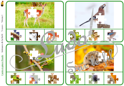 Jeu de cartes à pince - Puzzles - Thème Animaux de la forêt et des campagnes - 76 cartes autocorrectives de différents niveaux - 3 ou 4 propositions de réponses - Niveau 1 : pièces issues de puzzles différents - Niveau 2 : pièces issues du même puzzle - différents niveaux de difficulté - progressif - Autocorrection au dos : point grisé + nom de l'animal - Atelier autonome pré-scolaire, maternelle ou élémentaire - Cycles 1 et 2 - Document PDF à télécharger et imprimer ou jeu imprimé - Motricité fine et pince Pouce-Index avec pinces à linge, observation, discrimination visuelle, logique - ludique - Thème automne, nature, bois - lslf