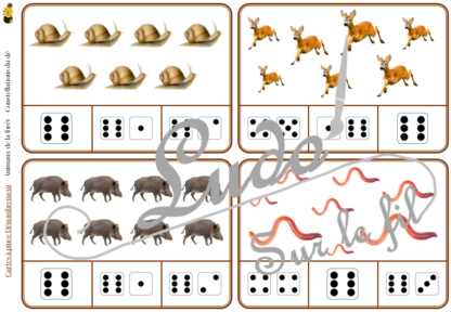 Jeu de cartes à pince de dénombrement de 1 à 15 - Thème Animaux de la forêt et des campagnes - 30 cartes autocorrectives avec différentes représentations des nombres - constellations du dé, chiffres, doigts de la main, mélangé - compter de 1 à 15 - 120 cartes réparties en 4 niveaux de difficulté - progressif - Autocorrection au dos - Atelier autonome maternelle ou élémentaire - Cycles 1 et 2 - Document PDF à télécharger et imprimer ou jeu imprimé - Motricité fine et pince Pouce-Index avec pinces à linge - ludique - Thème automne, nature, bois - lslf