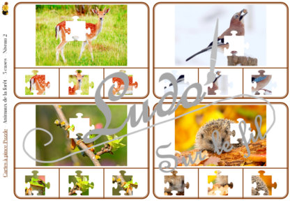 Jeu de cartes à pince - Puzzles - Thème Animaux de la forêt et des campagnes - 76 cartes autocorrectives de différents niveaux - 3 ou 4 propositions de réponses - Niveau 1 : pièces issues de puzzles différents - Niveau 2 : pièces issues du même puzzle - différents niveaux de difficulté - progressif - Autocorrection au dos : point grisé + nom de l'animal - Atelier autonome pré-scolaire, maternelle ou élémentaire - Cycles 1 et 2 - Document PDF à télécharger et imprimer ou jeu imprimé - Motricité fine et pince Pouce-Index avec pinces à linge, observation, discrimination visuelle, logique - ludique - Thème automne, nature, bois - lslf