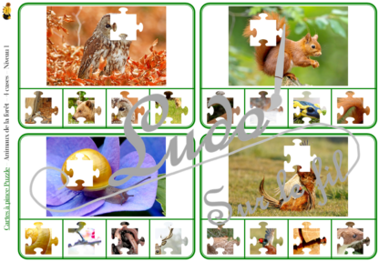 Jeu de cartes à pince - Puzzles - Thème Animaux de la forêt et des campagnes - 76 cartes autocorrectives de différents niveaux - 3 ou 4 propositions de réponses - Niveau 1 : pièces issues de puzzles différents - Niveau 2 : pièces issues du même puzzle - différents niveaux de difficulté - progressif - Autocorrection au dos : point grisé + nom de l'animal - Atelier autonome pré-scolaire, maternelle ou élémentaire - Cycles 1 et 2 - Document PDF à télécharger et imprimer ou jeu imprimé - Motricité fine et pince Pouce-Index avec pinces à linge, observation, discrimination visuelle, logique - ludique - Thème automne, nature, bois - lslf