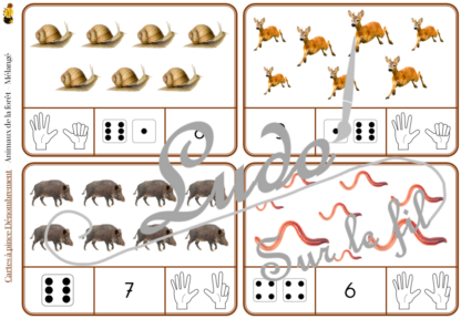 Jeu de cartes à pince de dénombrement de 1 à 15 - Thème Animaux de la forêt et des campagnes - 30 cartes autocorrectives avec différentes représentations des nombres - constellations du dé, chiffres, doigts de la main, mélangé - compter de 1 à 15 - 120 cartes réparties en 4 niveaux de difficulté - progressif - Autocorrection au dos - Atelier autonome maternelle ou élémentaire - Cycles 1 et 2 - Document PDF à télécharger et imprimer ou jeu imprimé - Motricité fine et pince Pouce-Index avec pinces à linge - ludique - Thème automne, nature, bois - lslf