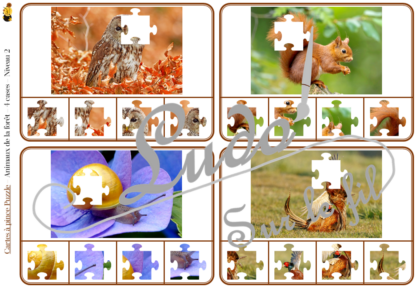 Jeu de cartes à pince - Puzzles - Thème Animaux de la forêt et des campagnes - 76 cartes autocorrectives de différents niveaux - 3 ou 4 propositions de réponses - Niveau 1 : pièces issues de puzzles différents - Niveau 2 : pièces issues du même puzzle - différents niveaux de difficulté - progressif - Autocorrection au dos : point grisé + nom de l'animal - Atelier autonome pré-scolaire, maternelle ou élémentaire - Cycles 1 et 2 - Document PDF à télécharger et imprimer ou jeu imprimé - Motricité fine et pince Pouce-Index avec pinces à linge, observation, discrimination visuelle, logique - ludique - Thème automne, nature, bois - lslf