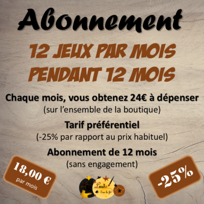 Abonnement mensuel : 12 jeux par mois à tarif préférentiel pendant 12 mois - 25% de réduction par rapport au prix habituel - Au choix sur l'ensemble de la boutique - 12 mois sans engagement - Bon d'achat de 24 € envoyé mensuellement à dépenser sur l'ensemble de la boutique - 18 € par mois au lieu de 24€ - Jeux pédagogiques et éducatifs - PDF à télécharger et à imprimer - lslf