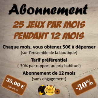 Abonnement mensuel : 25 jeux par mois à tarif préférentiel pendant 12 mois - 30% de réduction par rapport au prix habituel - Au choix sur l'ensemble de la boutique - 12 mois sans engagement - Bon d'achat de 50 € envoyé mensuellement à dépenser sur l'ensemble de la boutique - 35 € par mois au lieu de 50€ - Jeux pédagogiques et éducatifs - PDF à télécharger et à imprimer - lslf