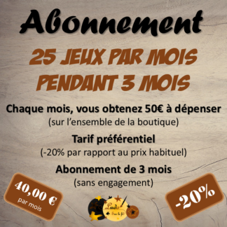 Abonnement mensuel : 25 jeux par mois à tarif préférentiel pendant 3 mois - 20% de réduction par rapport au prix habituel - Au choix sur l'ensemble de la boutique - 3 mois sans engagement - Bon d'achat de 50 € envoyé mensuellement à dépenser sur l'ensemble de la boutique - 40 € par mois au lieu de 50 € - Jeux pédagogiques et éducatifs - PDF à télécharger et à imprimer - lslf