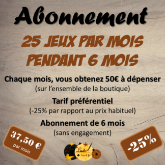 Abonnement mensuel : 25 jeux par mois à tarif préférentiel pendant 6 mois - 25% de réduction par rapport au prix habituel - Au choix sur l'ensemble de la boutique - 6 mois sans engagement - Bon d'achat de 50 € envoyé mensuellement à dépenser sur l'ensemble de la boutique - 37,50 € par mois au lieu de 50€ - Jeux pédagogiques et éducatifs - PDF à télécharger et à imprimer - lslf