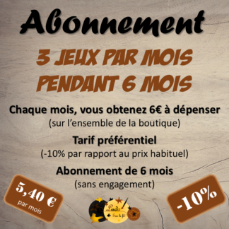 Abonnement mensuel : 3 jeux par mois à tarif préférentiel pendant 6 mois - 10% de réduction par rapport au prix habituel - Au choix sur l'ensemble de la boutique - 6 mois sans engagement - Bon d'achat de 6 € envoyé mensuellement à dépenser sur l'ensemble de la boutique - 5,40 € par mois au lieu de 6€ - Jeux pédagogiques et éducatifs - PDF à télécharger et à imprimer - lslf