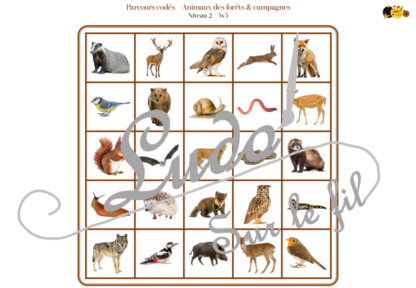 Suis les parcours codés - Animaux de la forêt et de la campagne : mammifères, insectes, oiseaux... - codage, repérage et vocabulaire spatial - jeu et atelier autonome et autocorrectif Maternelle (Cycle 1) et Primaire (Cycle 2) - Niveaux et difficulté progressifs - PDF à télécharger et à imprimer ou jeu imprimé - difficulté progressive et solutions - lslf