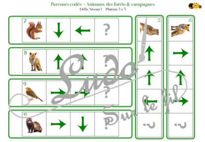 Suis les parcours codés - Animaux de la forêt et de la campagne : mammifères, insectes, oiseaux... - codage, repérage et vocabulaire spatial - jeu et atelier autonome et autocorrectif Maternelle (Cycle 1) et Primaire (Cycle 2) - Niveaux et difficulté progressifs - PDF à télécharger et à imprimer ou jeu imprimé - difficulté progressive et solutions - lslf