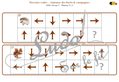 Suis les parcours codés - Animaux de la forêt et de la campagne : mammifères, insectes, oiseaux... - codage, repérage et vocabulaire spatial - jeu et atelier autonome et autocorrectif Maternelle (Cycle 1) et Primaire (Cycle 2) - Niveaux et difficulté progressifs - PDF à télécharger et à imprimer ou jeu imprimé - difficulté progressive et solutions - lslf