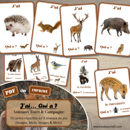 Jeu J'ai... qui a ? Animaux de la forêt et de la campagne - Travail sur le vocabulaire des animaux - développement et réinvestissement du langage, du lexique, de la logique - 70 cartes - 3 niveaux - 3 versions - lecture de mots - Jeu évolutif - Atelier autonome maternelle et cycle 2 - fichier à télécharger et à imprimer sous format PDF ou jeu imprimé - Automne, bois, nature